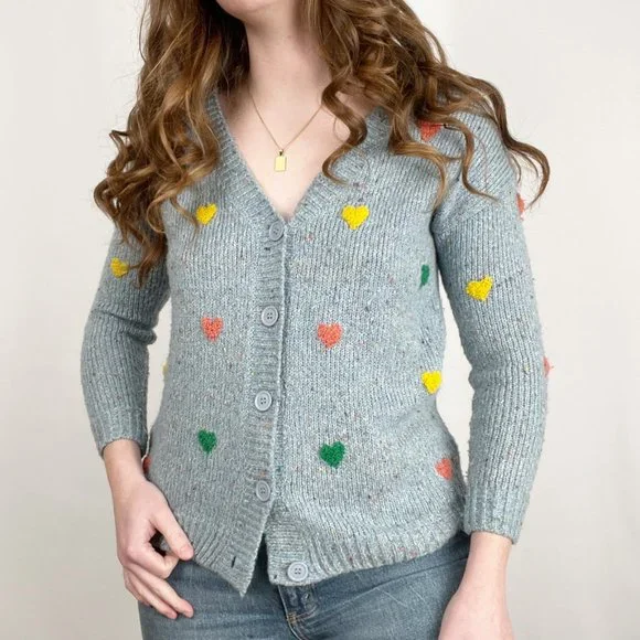 Vintage Hand Knit Embroidered Hearts Cardigan Sweater Cute Cozy Girly Handmade - Picture 8 of 8